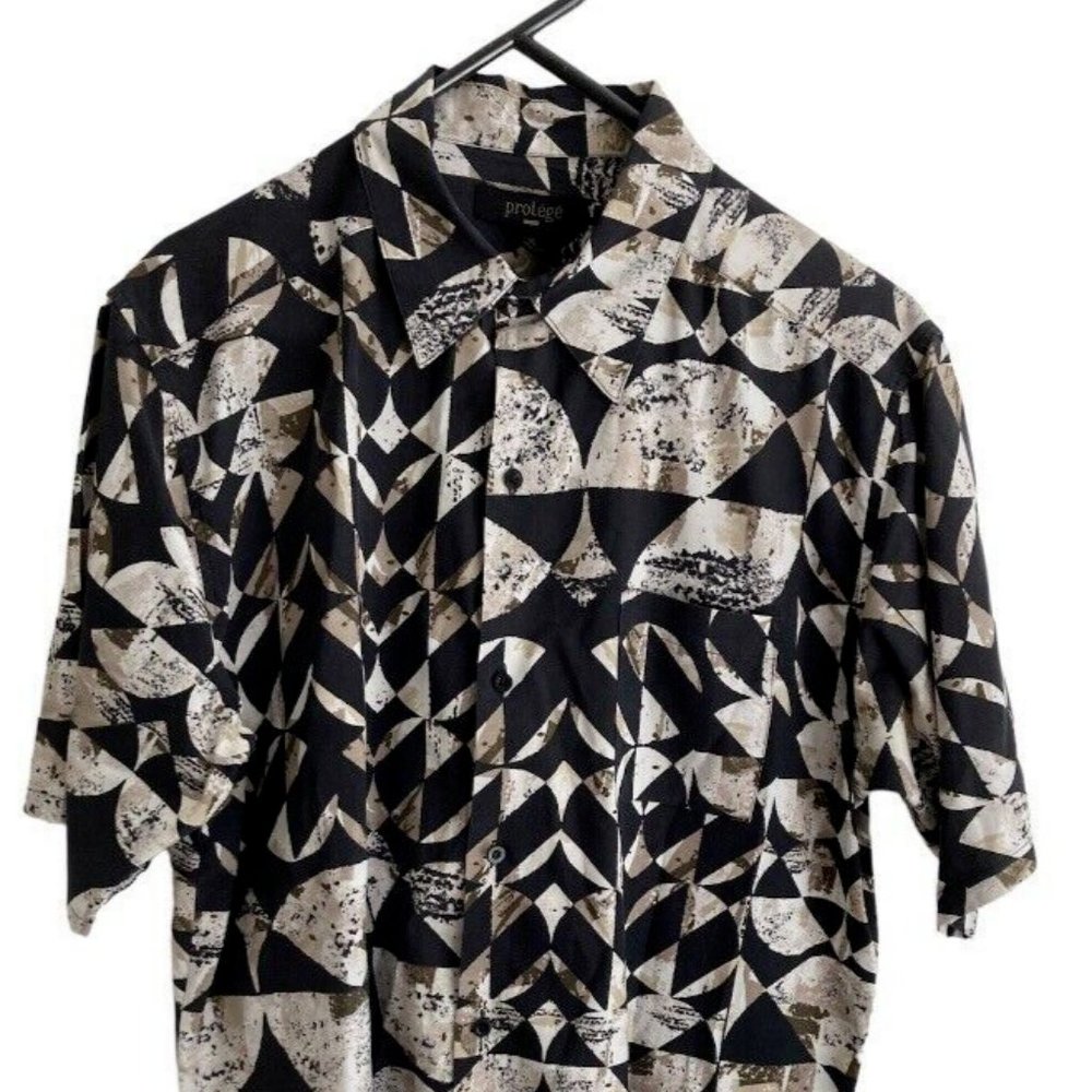 Protege Mens Shirt Short Sleeves Sz XL Silk Cotton Blend Geo Design